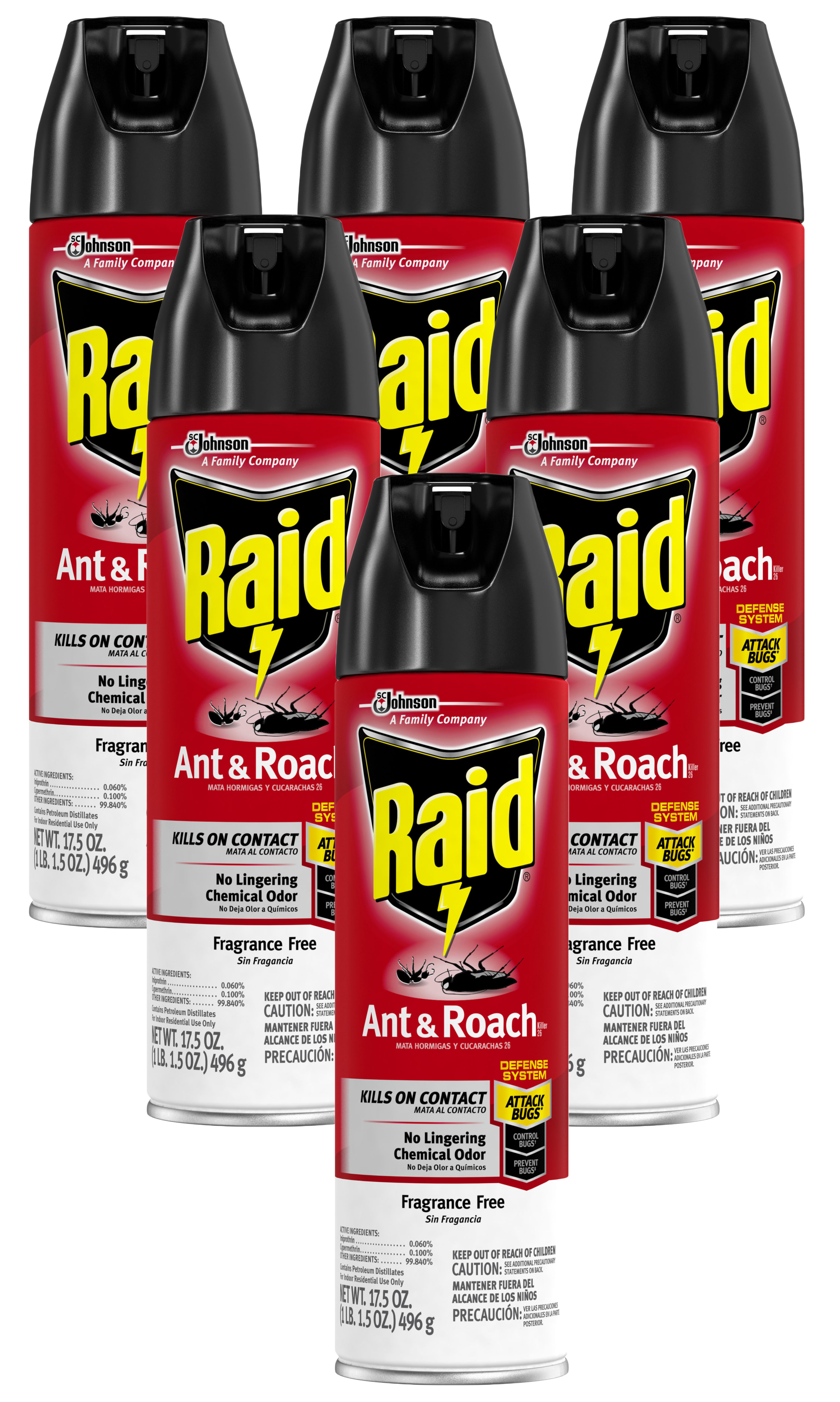 6 Pack Raid Fragrance Free Bug Ant & Roach Insect Killer Aerosol Spray